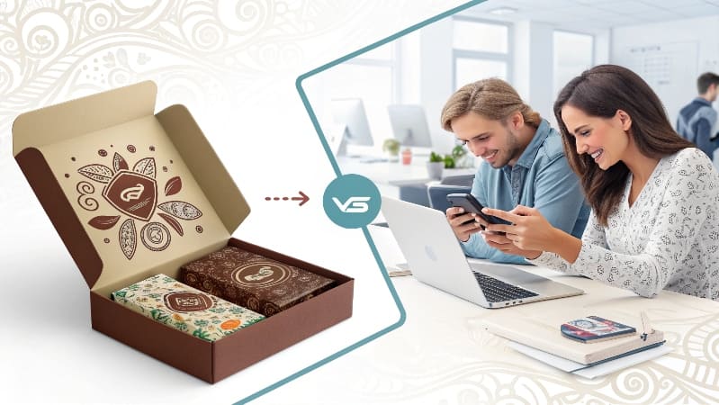 A customer happily unboxing a product with custom packaging