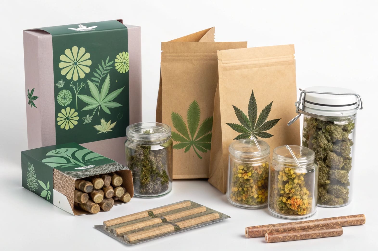 Types of Cannabis Packaging A collection of different cannabis packaging types like bags, jars, and boxes