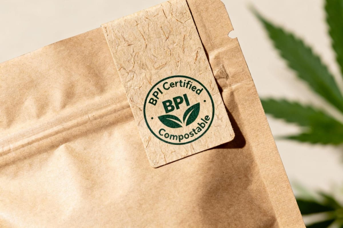 A compostable label made from a natural-looking paper stock, shown on a compostable cannabis pouch, both featuring the BPI Certified Compostable logo.
