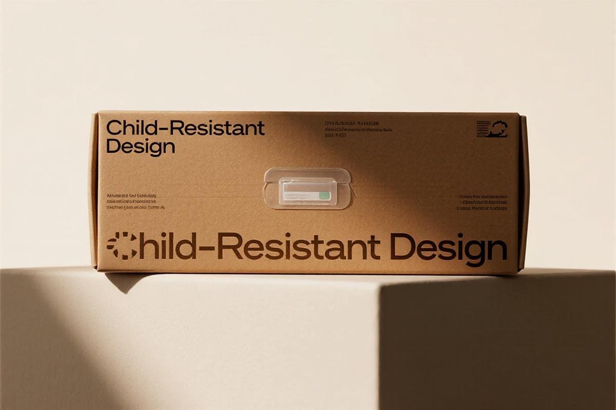 Designing an Integrated Child-Resistant Mechanism An exploded view diagram of a luxury box showing a hidden internal CR button mechanism