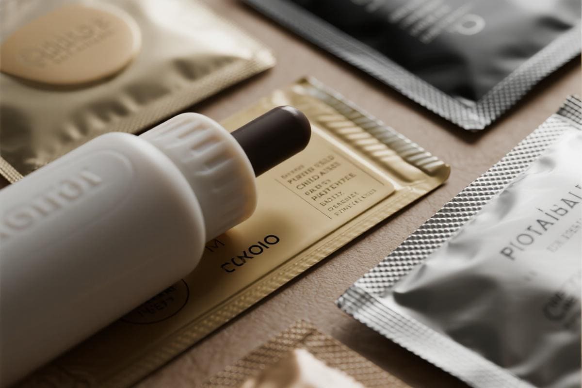 Premium Materials for Child-Resistant Packaging A close-up texture shot of different premium CR packaging materials like soft-touch plastic and brushed aluminum