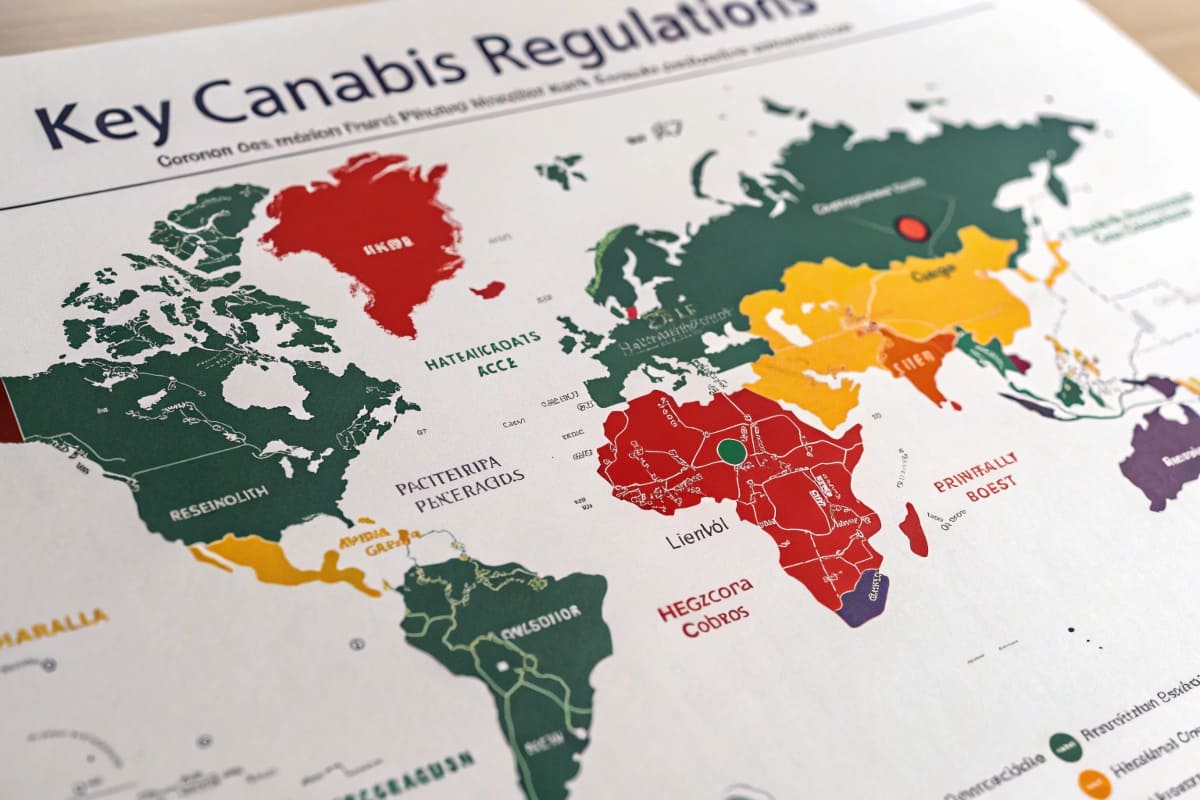 Global Cannabis Packaging Regulations Map A world map with key cannabis regulation hotspots highlighted in different colors