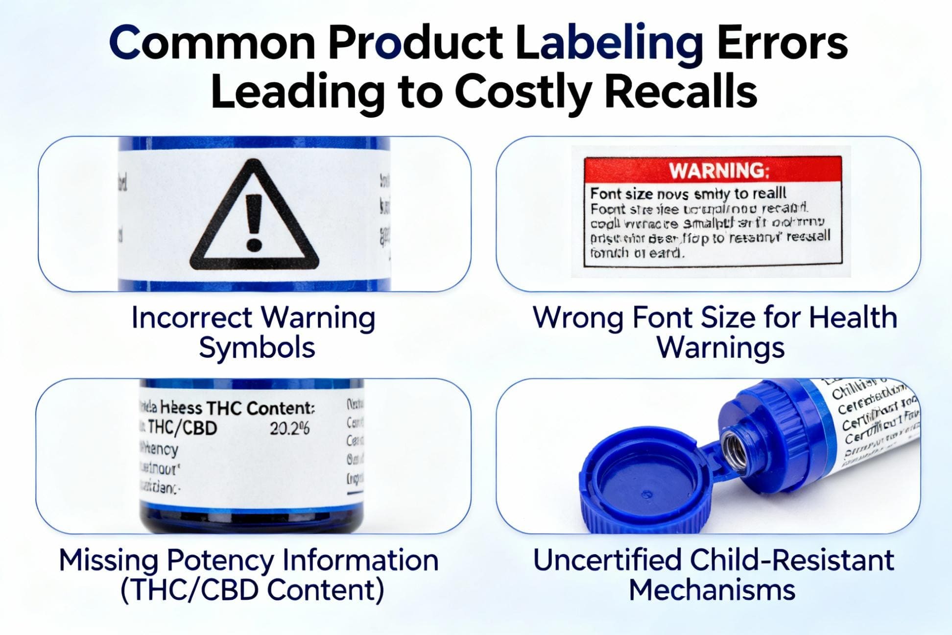 Common Cannabis Packaging Compliance Mistakes A packaging label with red circles highlighting common compliance errors like wrong font size