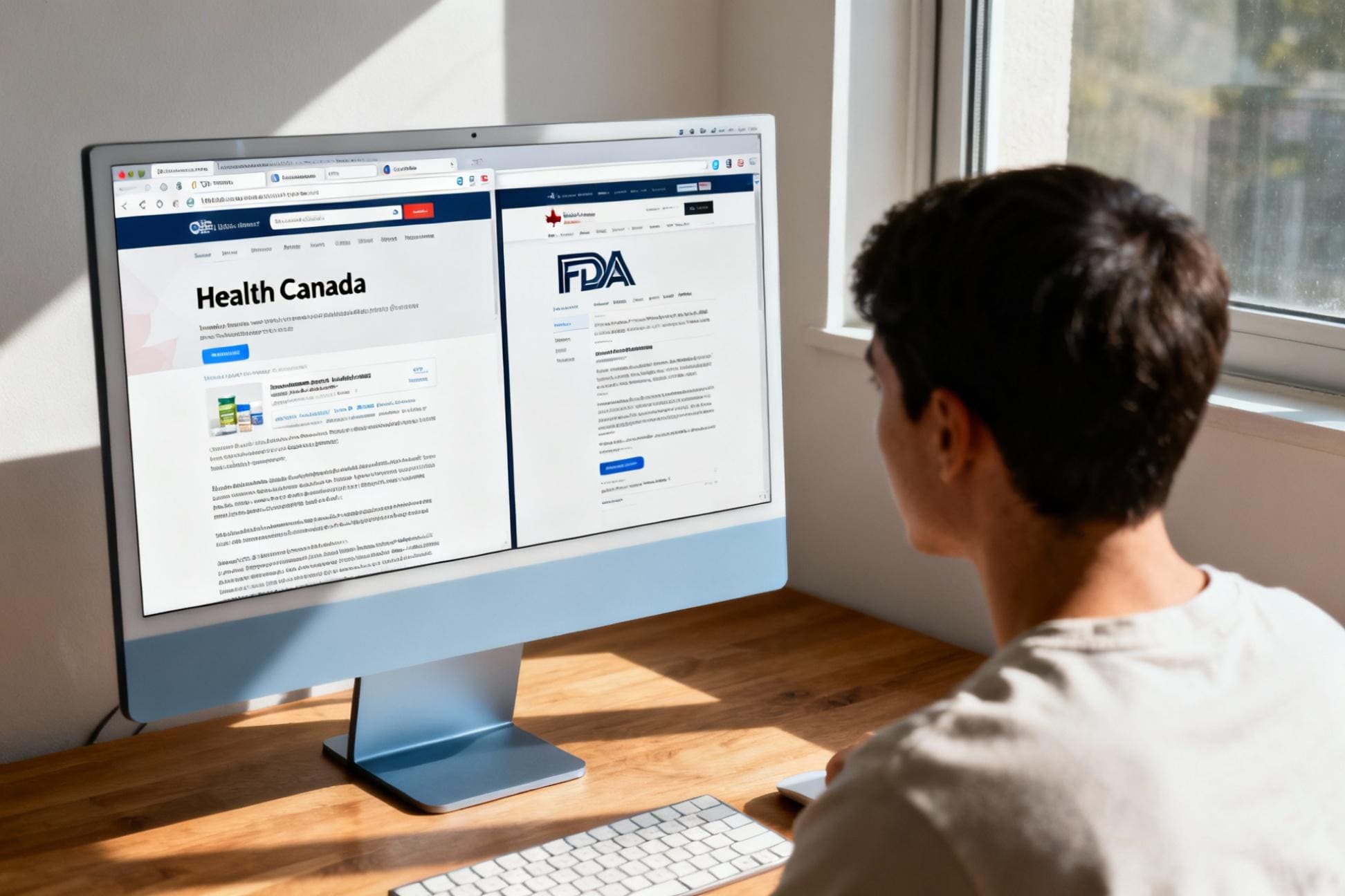 Monitoring Official Cannabis Regulation Websites A person at a desk looking at the Health Canada and FDA websites on a computer screen
