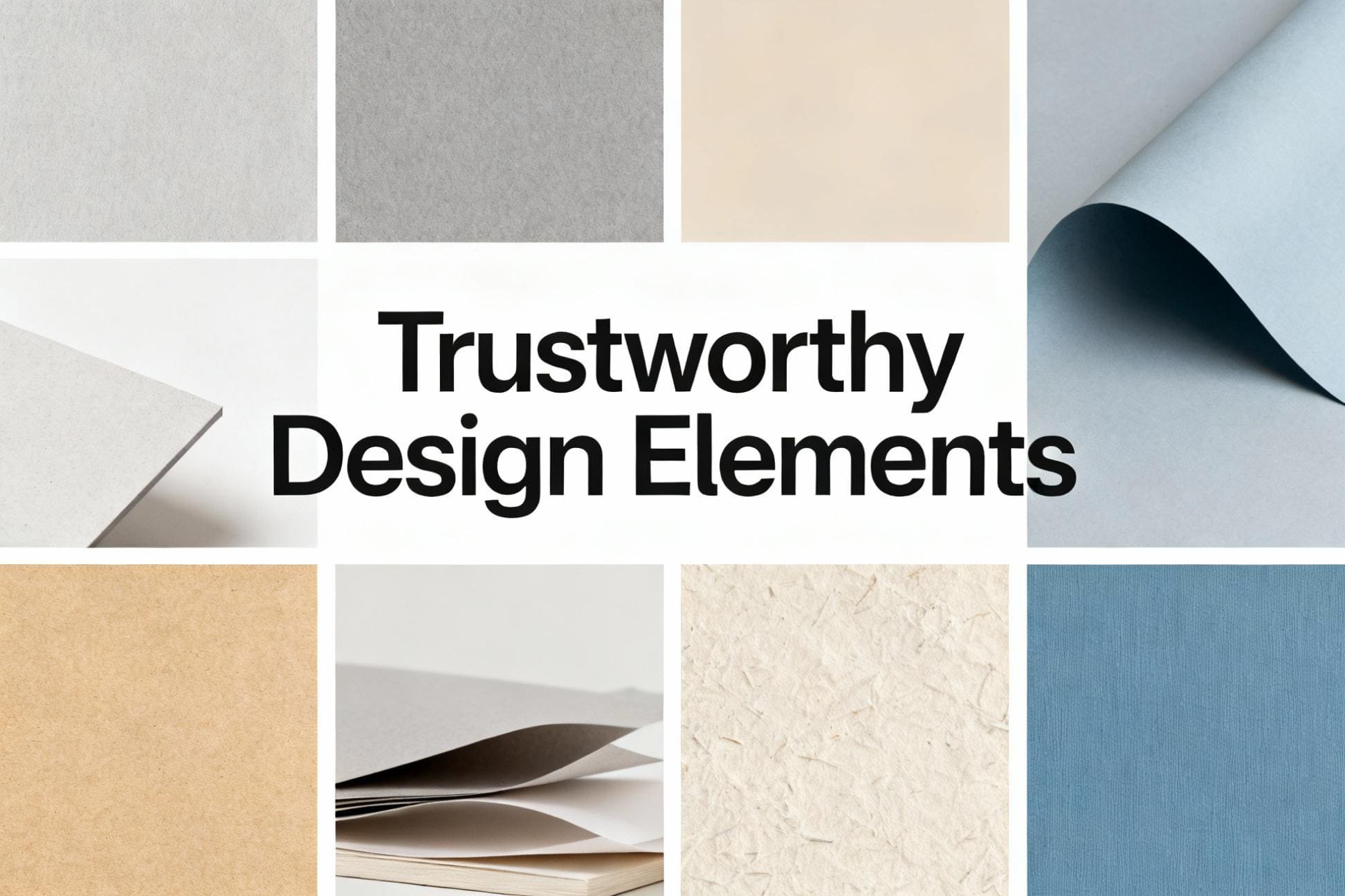 A mood board showing trustworthy design elements: clean fonts, a muted color palette, and high-quality paper textures