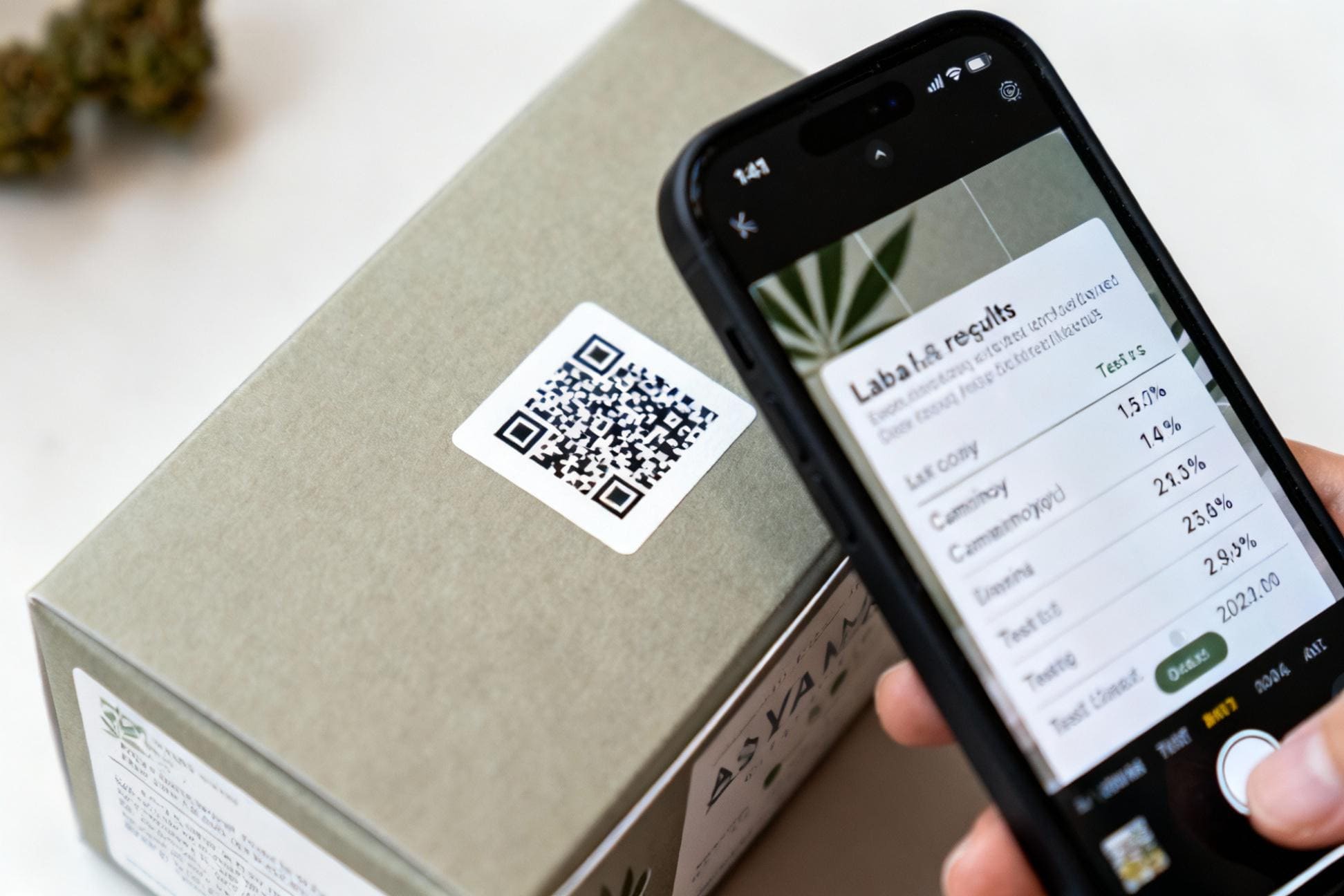 A smartphone scanning a QR code on a cannabis box, leading to a lab results page