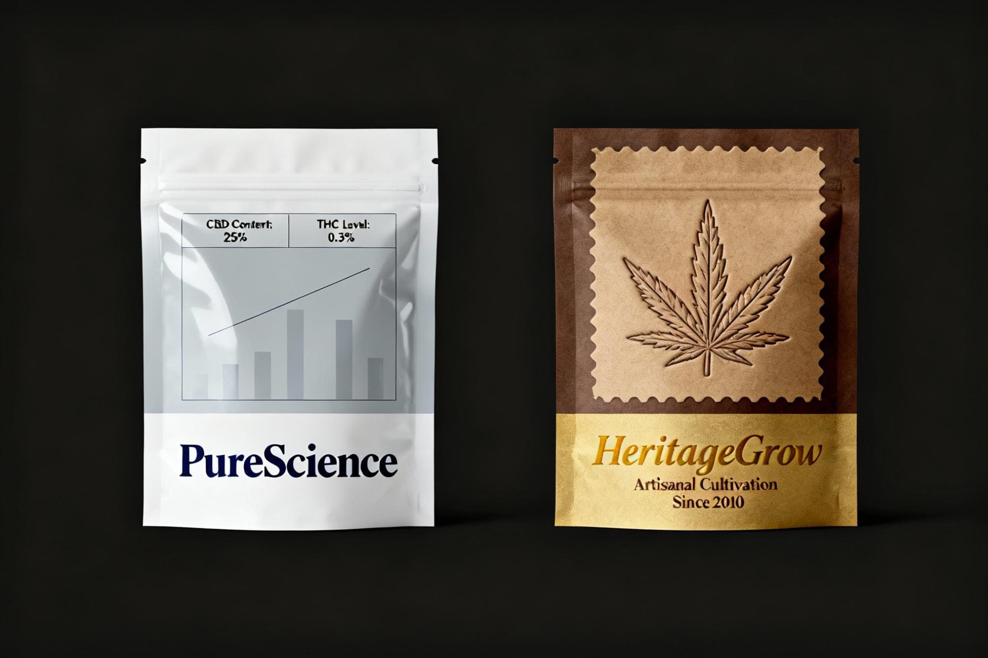 A side-by-side comparison of two cannabis packages: one clinical and lab-focused, the other warm and craft-focused