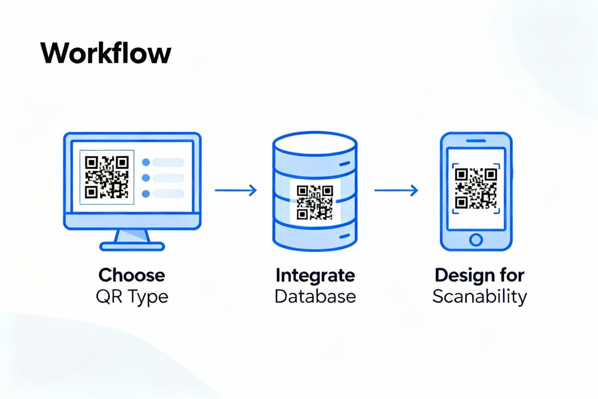 Steps to Implement QR Codes on Packaging A workflow diagram showing the steps: Choose QR Type -> Integrate Database -> Design for Scanability