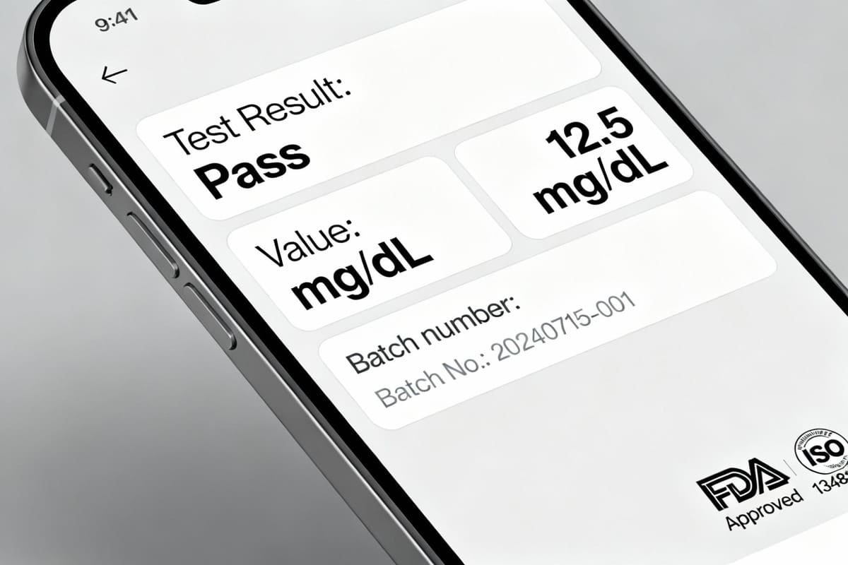 Essential Information for a Cannabis QR Code Scan A mobile phone screen mock-up showing a clean display of lab results, batch numbers, and compliance logos
