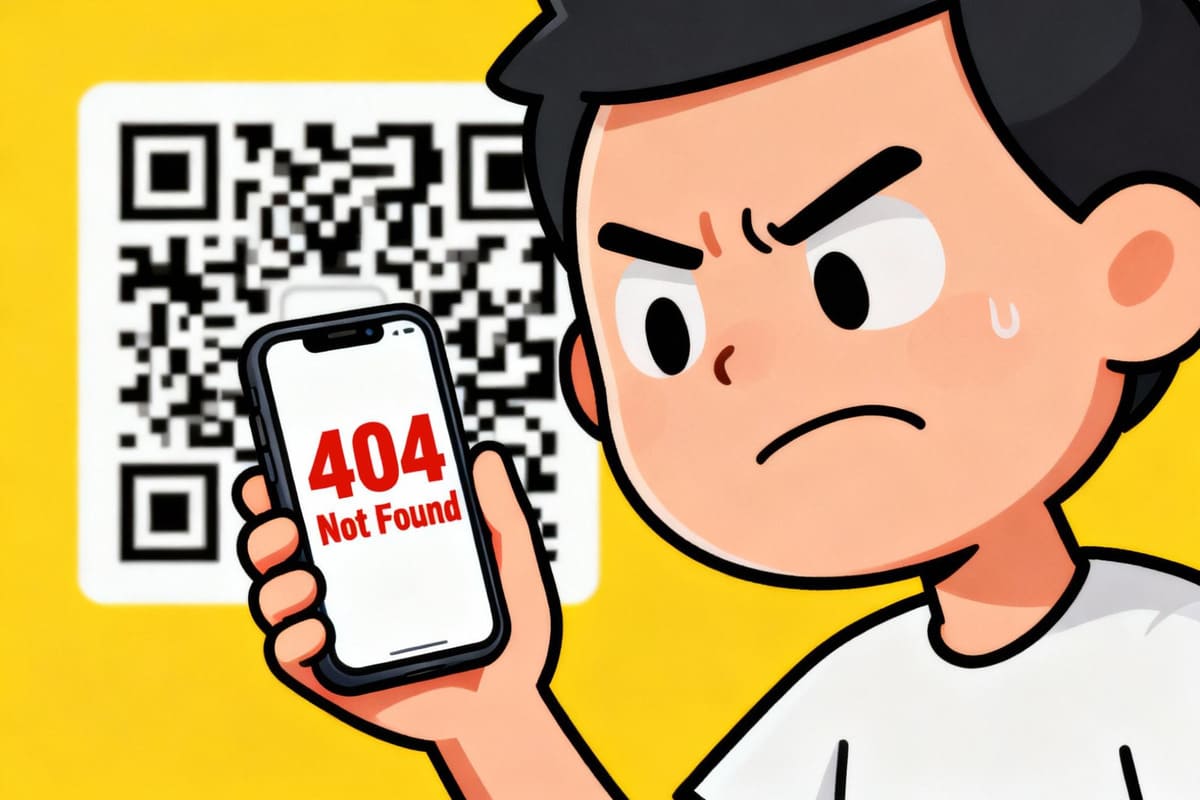 Common QR Code Mistakes to Avoid A cartoon graphic showing a frustrated user with a "404 Not Found" error on their phone after scanning a QR code