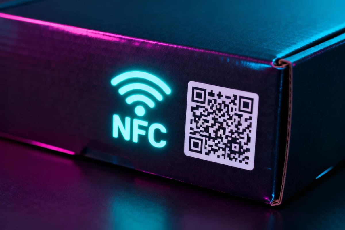 The Future of Smart Packaging: NFC and AI A futuristic package design featuring an glowing NFC symbol next to a QR code