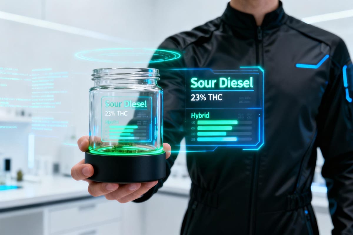 The Future of Transparent Packaging with AR and Smart Labels A futuristic image of a person holding a clear cannabis jar, with an augmented reality overlay showing strain information popping out from the package