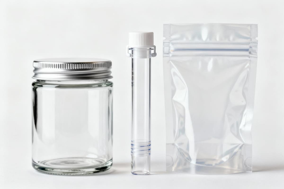 Different Materials for Transparent Cannabis Packaging A collection of various transparent cannabis packaging options, including a glass jar, a PET plastic tube, and a clear bioplastic pouch