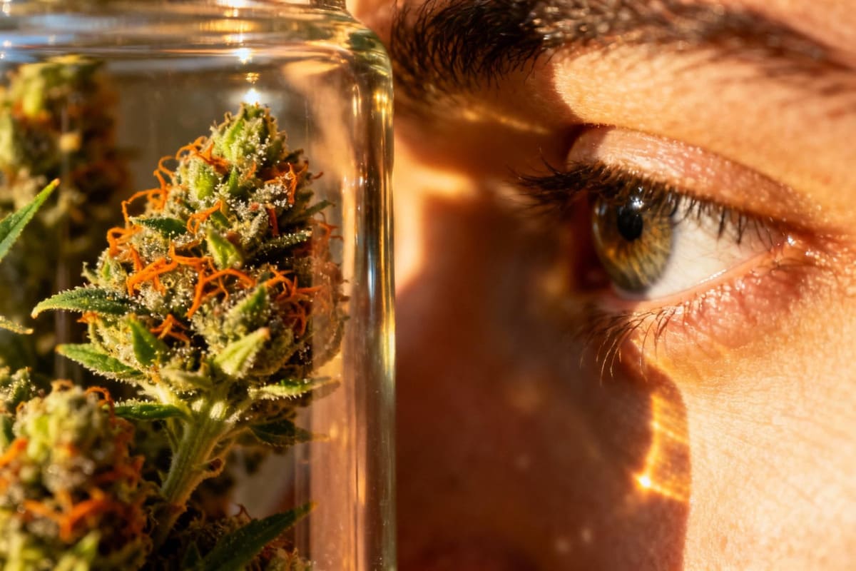 Consumer Examining Cannabis Through a Clear Jar A macro photo of a consumer's eye looking closely at cannabis flower through the side of a clear glass jar
