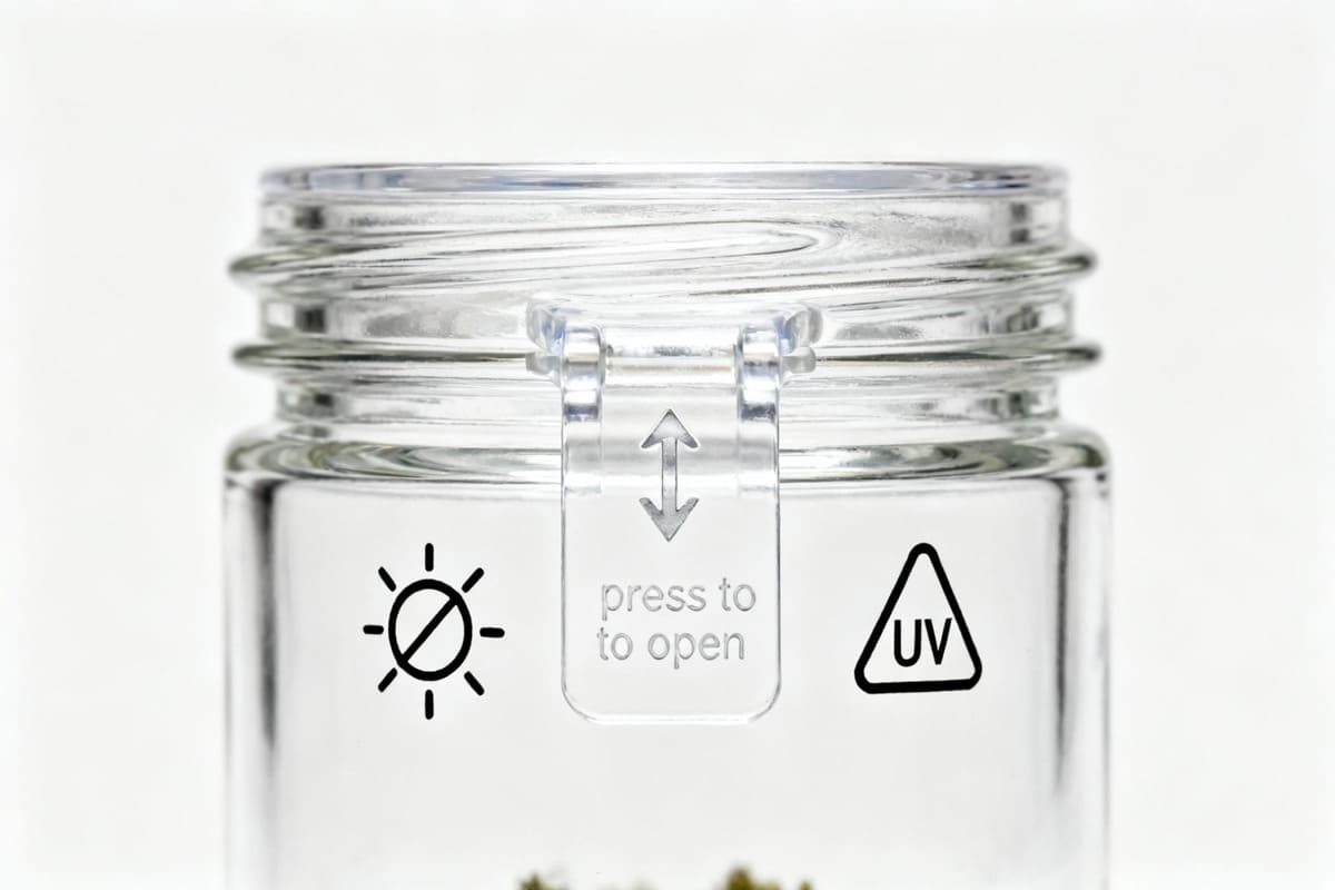 Compliance Features on a Transparent Cannabis Jar A clear glass cannabis jar showing a UV-protective coating icon and a clearly marked child-resistant lid mechanism