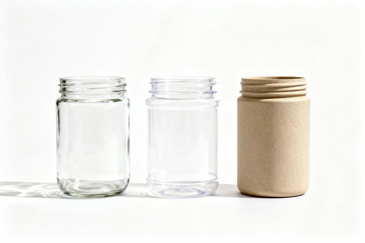 Material Comparison for Clear Cannabis Jars A side-by-side comparison of three identical jars made of glass, PET plastic, and clear bioplastic