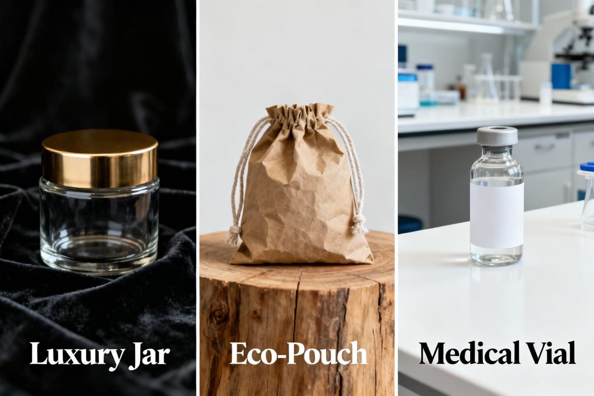 Case Studies of Transparent Cannabis Packaging A triptych of images showing the three case study examples: the luxury jar, the eco-pouch, and the medical vial