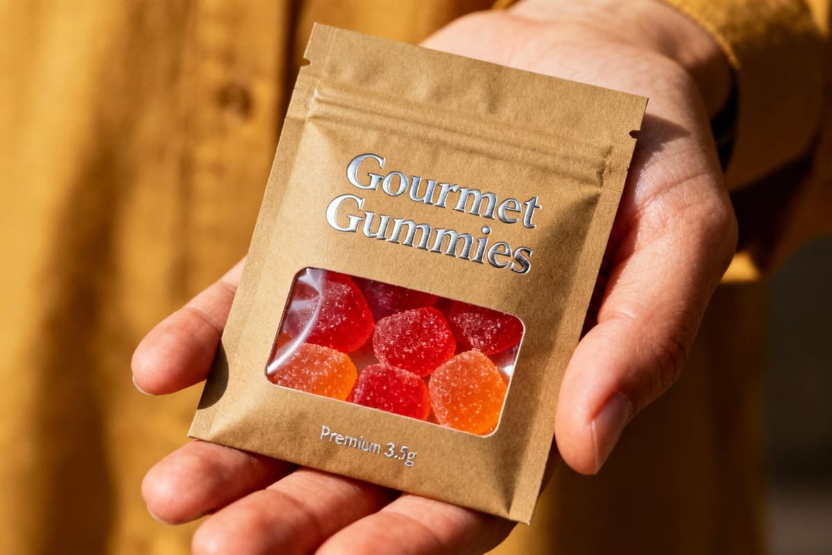 Market Demand for 3.5g Edible Packaging A close-up of a consumer holding a small, premium 3.5g package of gourmet gummies