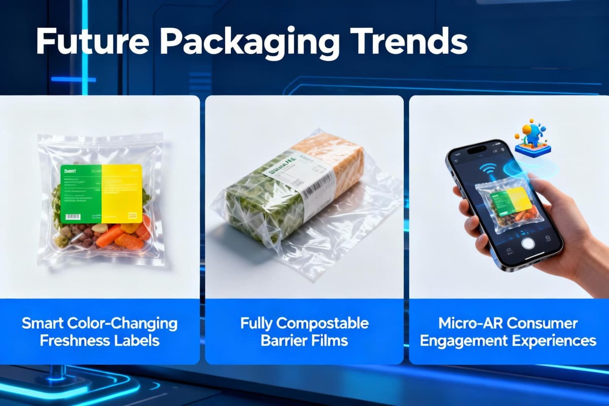 Future Trends in 3.5g Edible Packaging A futuristic image of a compostable 3.5g pouch with a smart label that is glowing green to show freshness