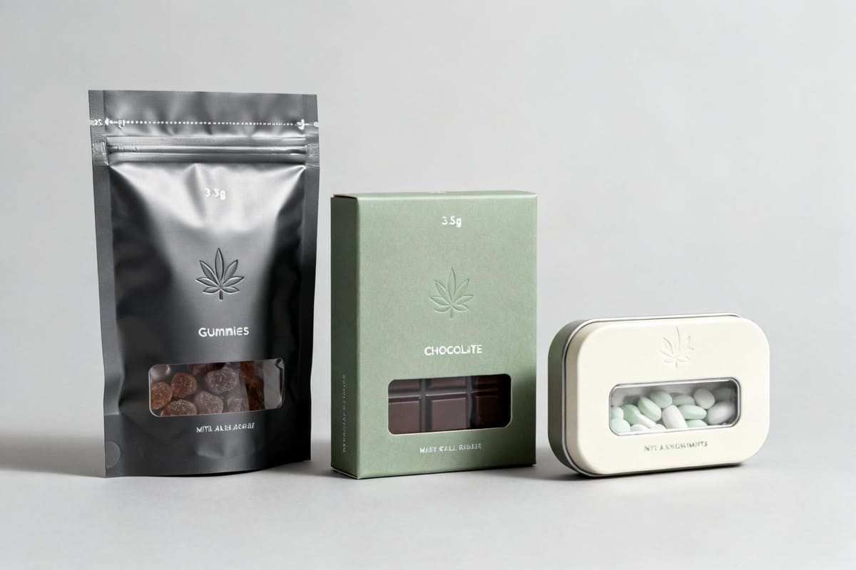 A variety of sleek and modern 3.5g edible cannabis packages for gummies, chocolates, and mints