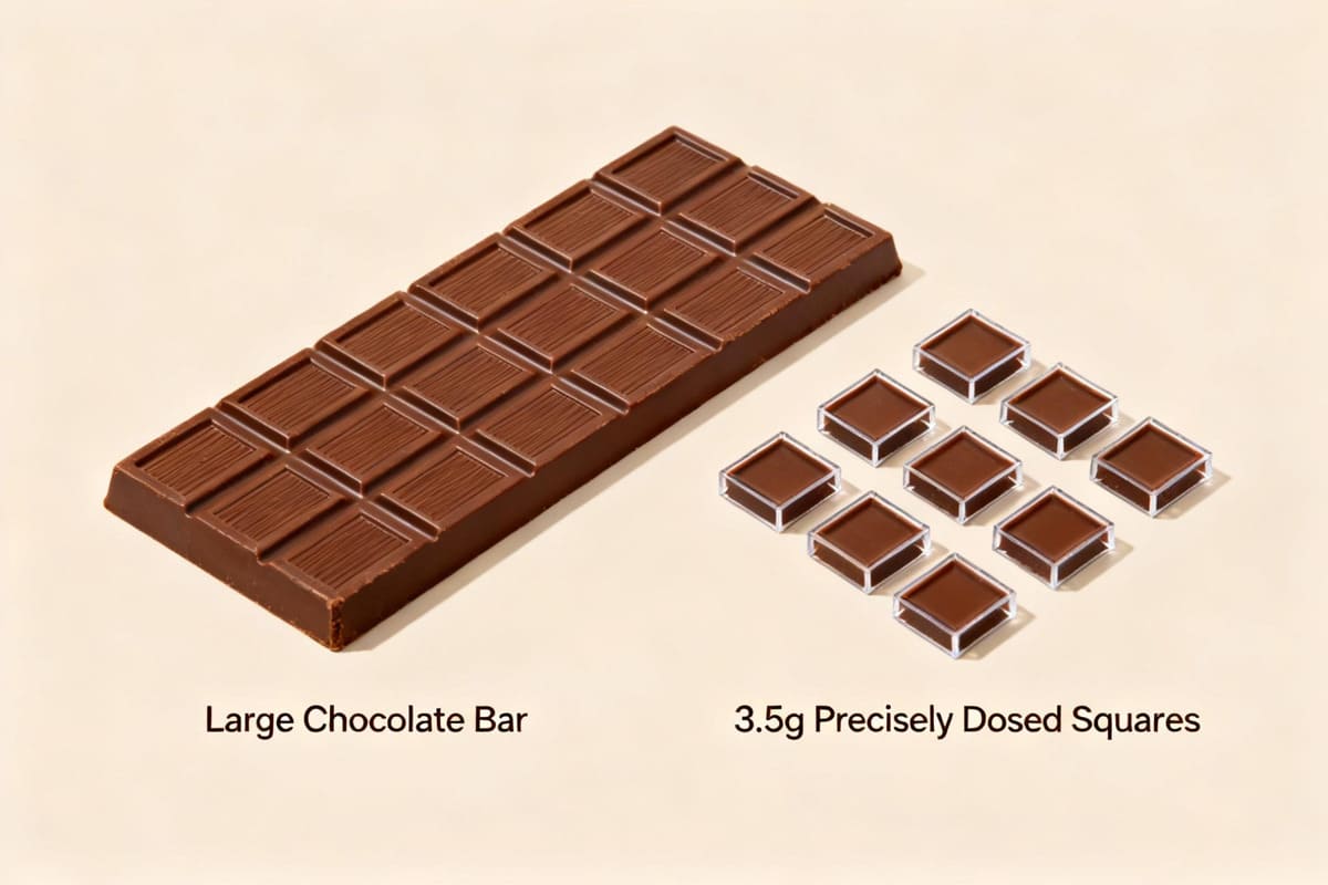 A diagram showing a large chocolate bar being compared to several small, precisely dosed 3.5g squares