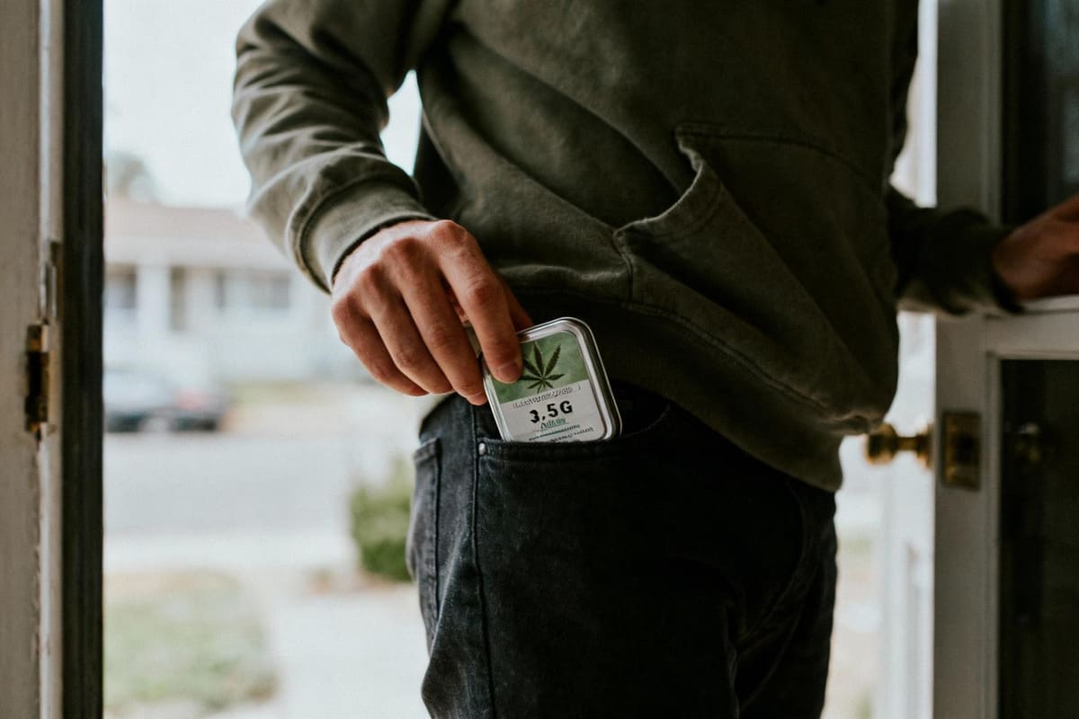 A person discreetly slipping a small 3.5g tin of edibles into their pocket before leaving the house