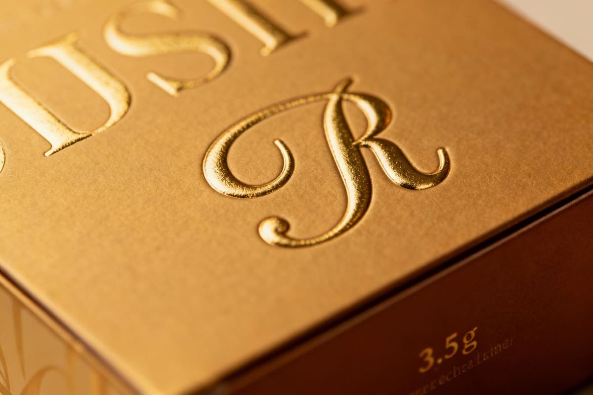 A close-up on a luxurious 3.5g edible box with elegant gold foil stamping and a heavily embossed logo