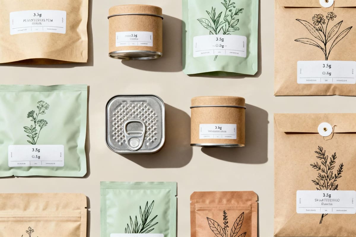 A collection of different sustainable 3.5g packages made from plant-based films, recycled tins, and paper