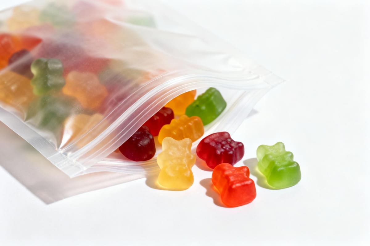 A close-up shot of a translucent, flexible pouch made from plant-based PLA film, holding small gummies