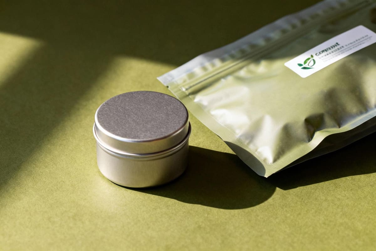 A sleek, small tin made from recycled aluminum, next to a compostable plastic pouch