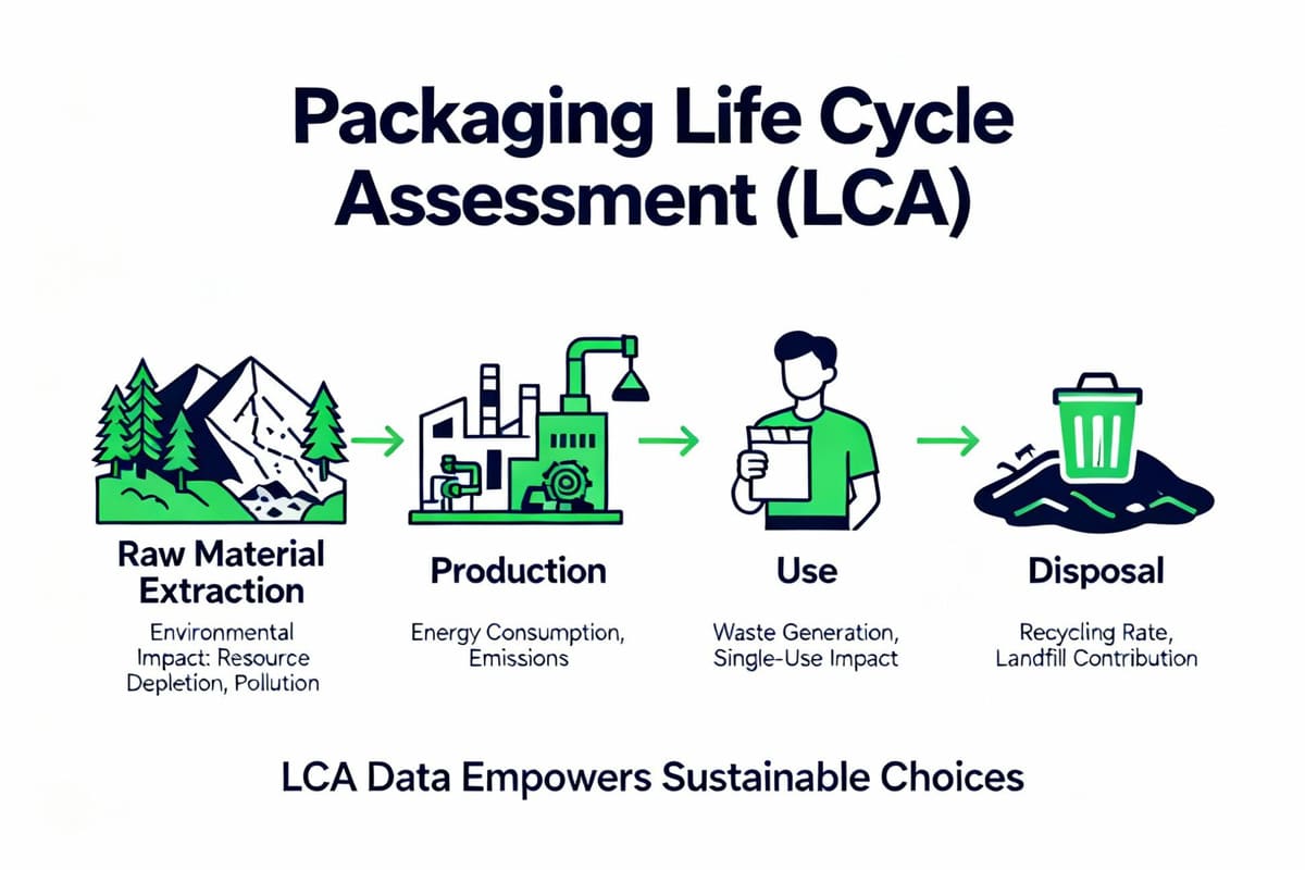 An infographic chart showing the life cycle of a package from production to disposal, with icons for energy, water, and CO2