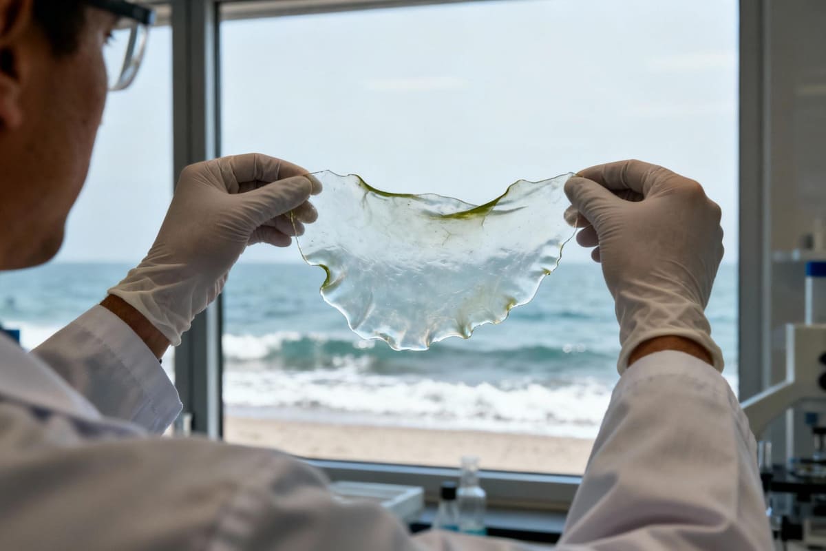 A scientist in a lab holding up a clear, flexible film made from seaweed, with the ocean in the background