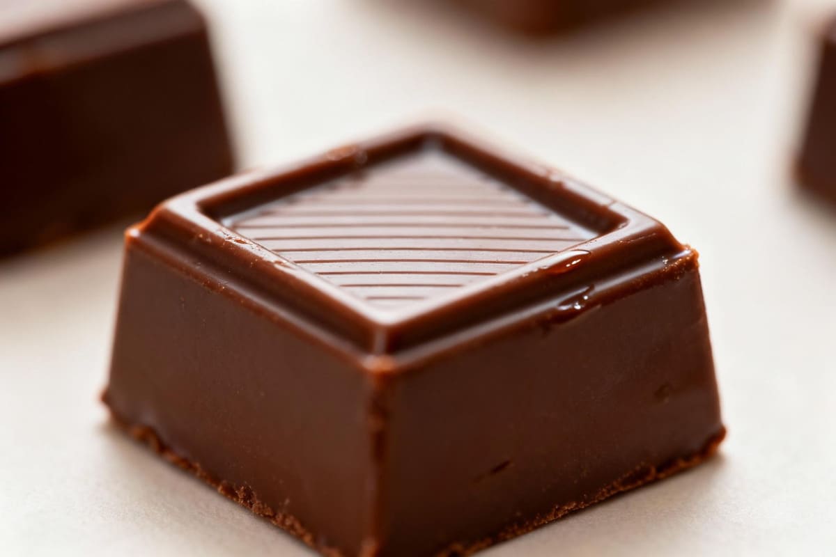 A macro shot of a perfect 3.5g gourmet chocolate square, looking fresh and ready to eat