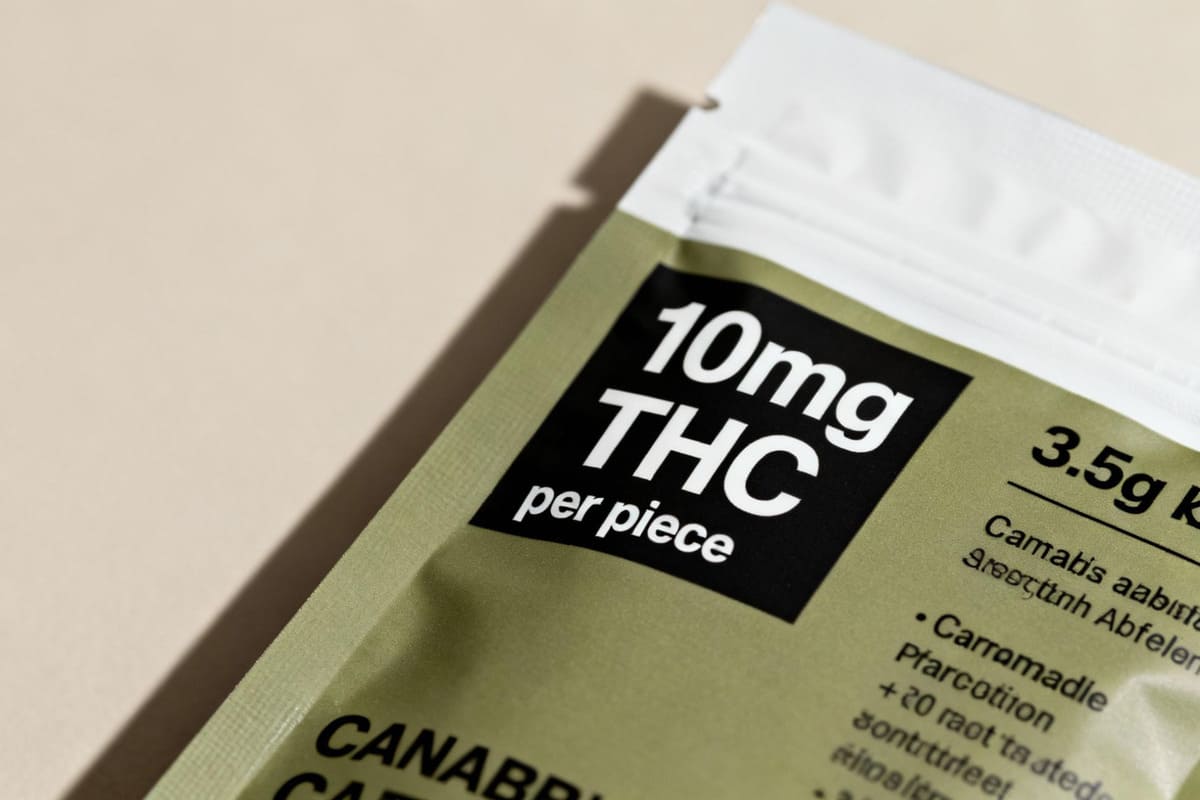 A clear image of a 3.5g cannabis edible package with a bold "10mg THC per piece" label prominently displayed