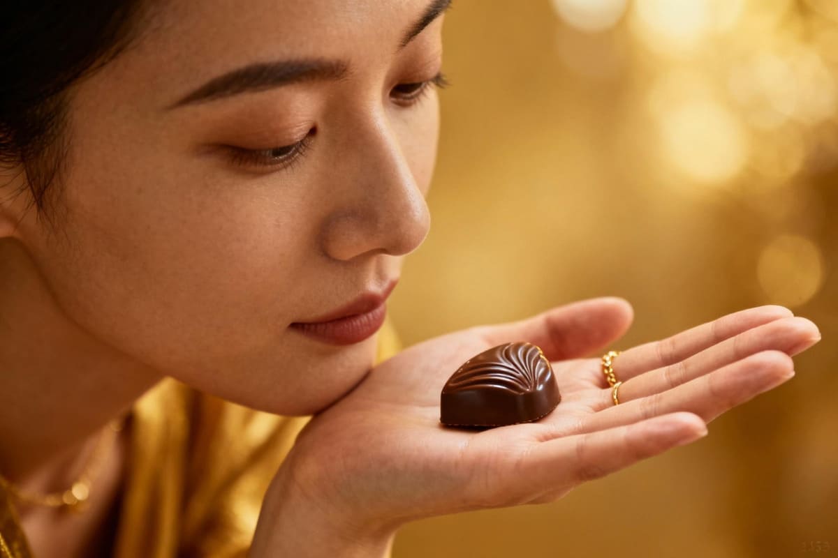 A person mindfully enjoying a single, elegant 3.5g chocolate, as if it were a piece of jewelry