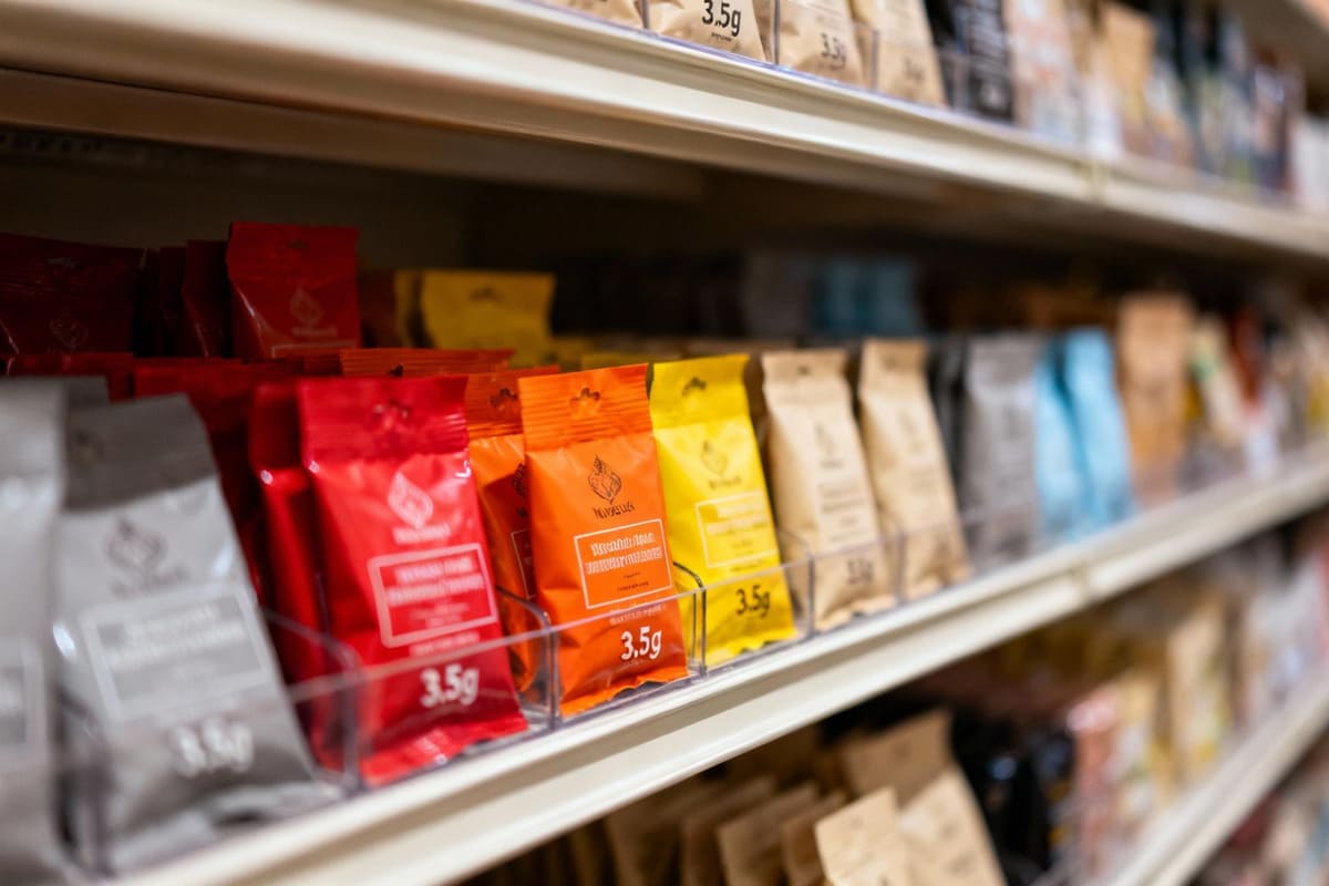 A crowded but well-organized retail shelf showing how some small 3.5g packages pop with color while others fade into the background