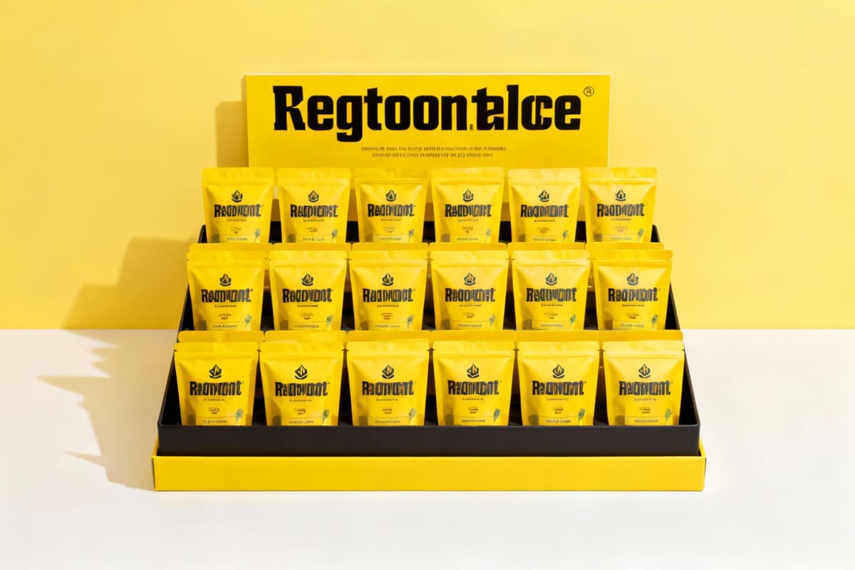A display-ready tray filled with 20 small packages, creating a solid block of color and branding that looks like one large sign