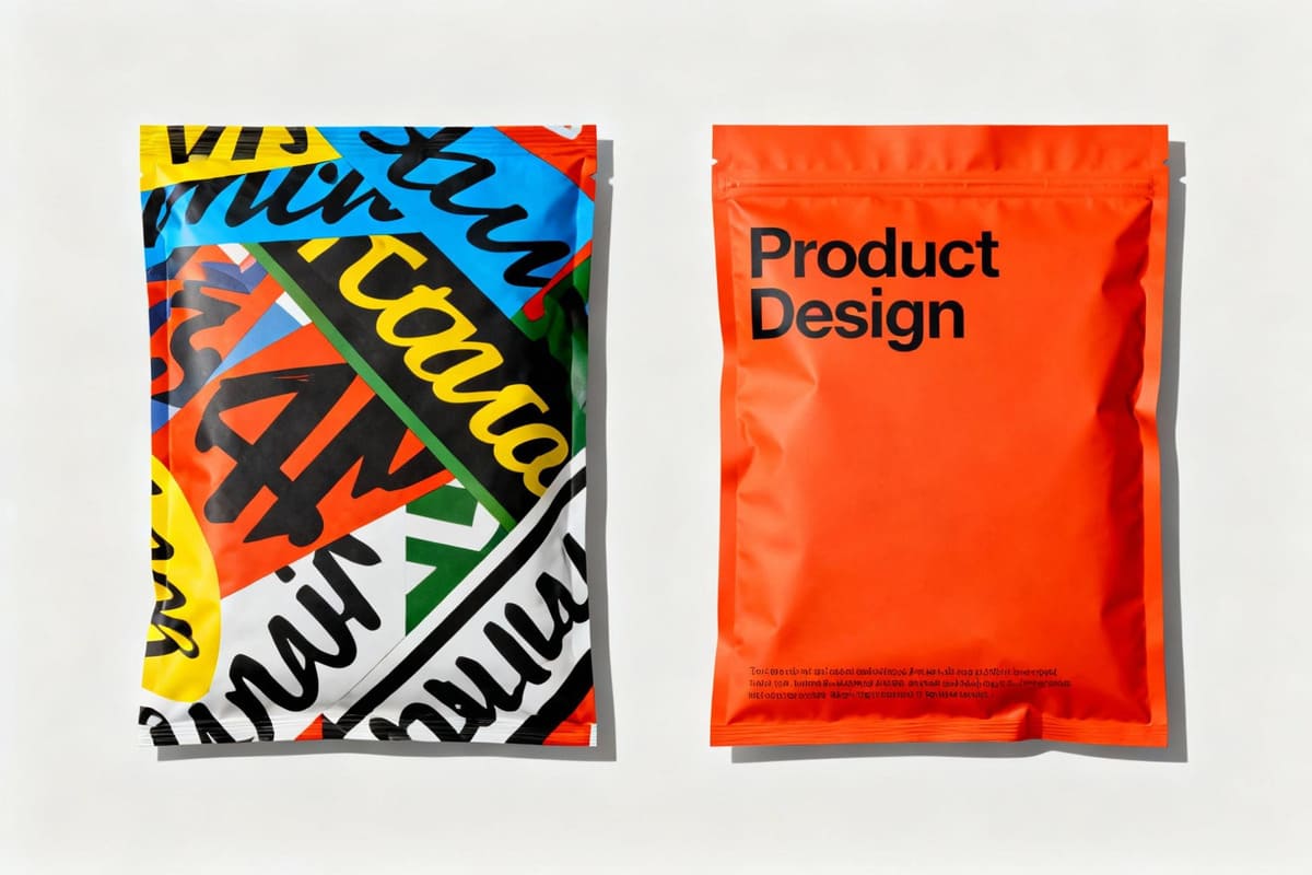 A comparison of two packages; one with a busy, multi-color design and illegible script font, and another with a bold, single-color background and clear, simple text