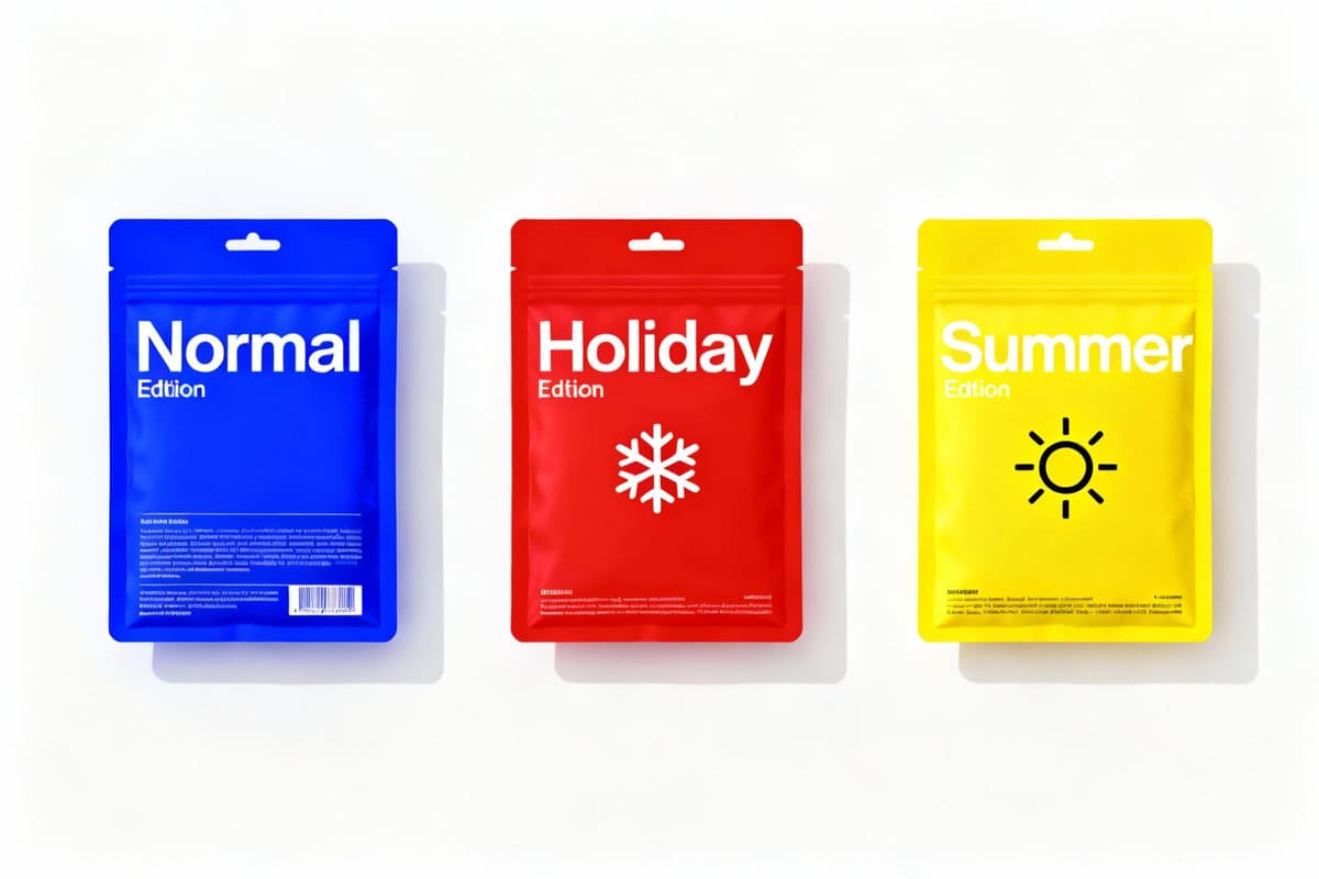 A lineup of packages showing a core product in blue, a 'Holiday' edition in red with a snowflake, and a 'Summer' edition in yellow with a sun icon