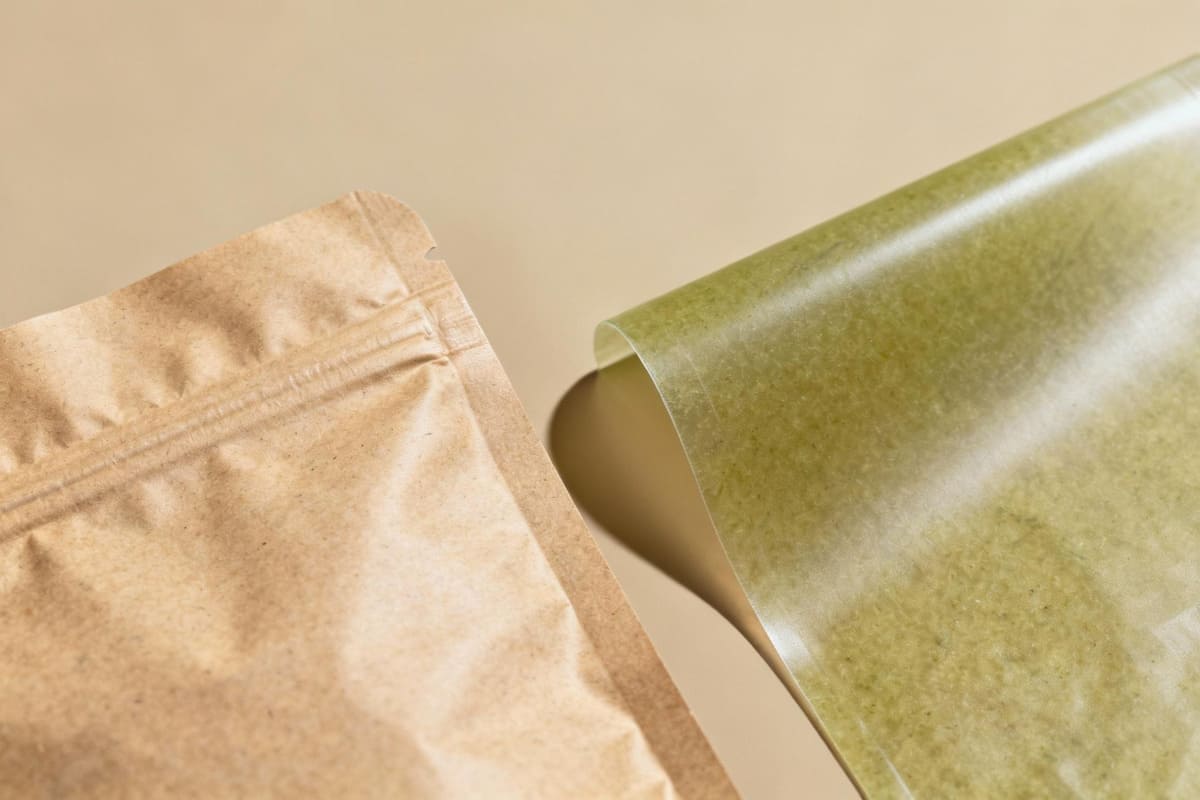 A close-up shot showing the texture of a PLA bag next to a PHA film, highlighting their plant-based origins