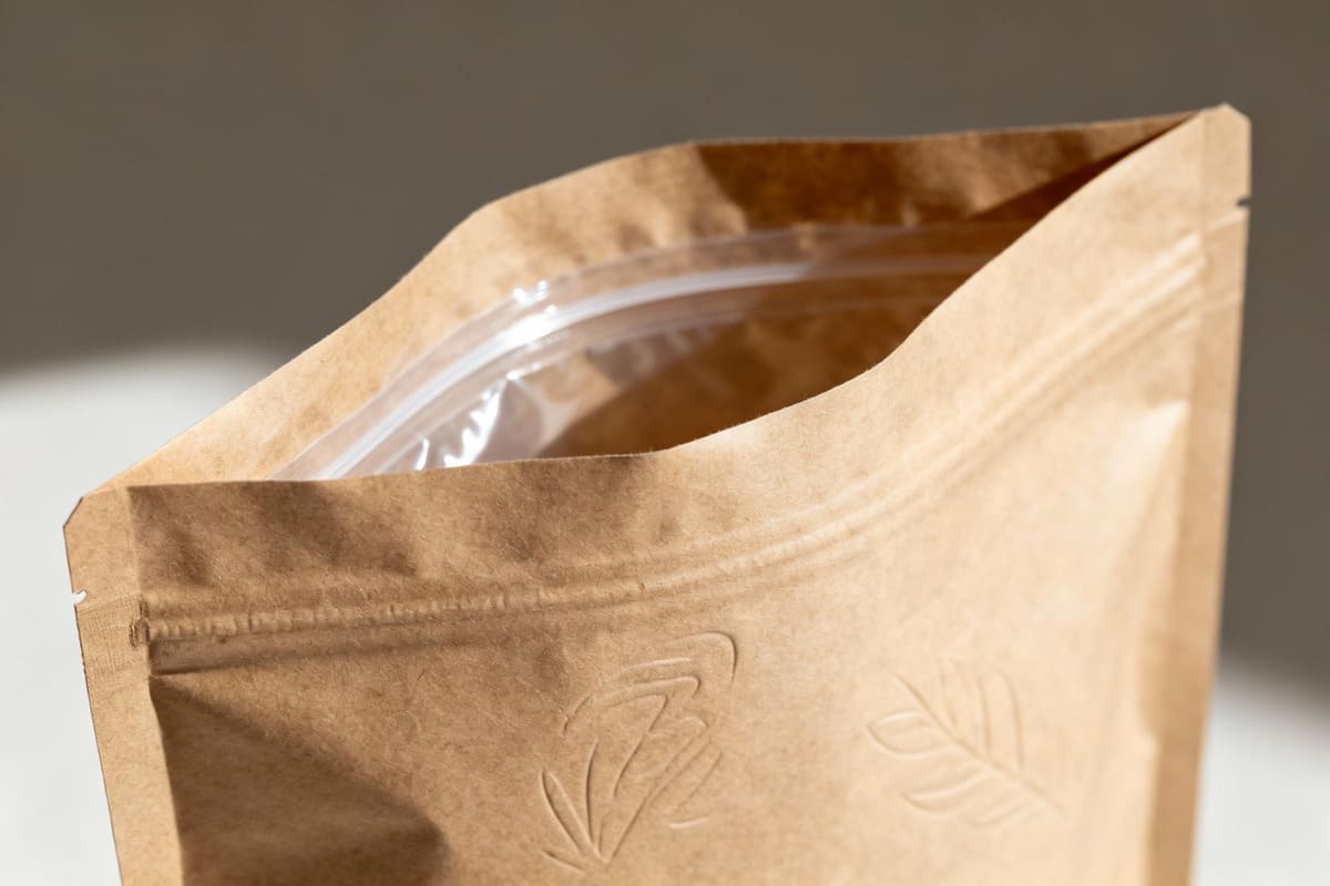A stylish laminated paper poly bag, showing its paper exterior and a peek of the thin biodegradable film inside