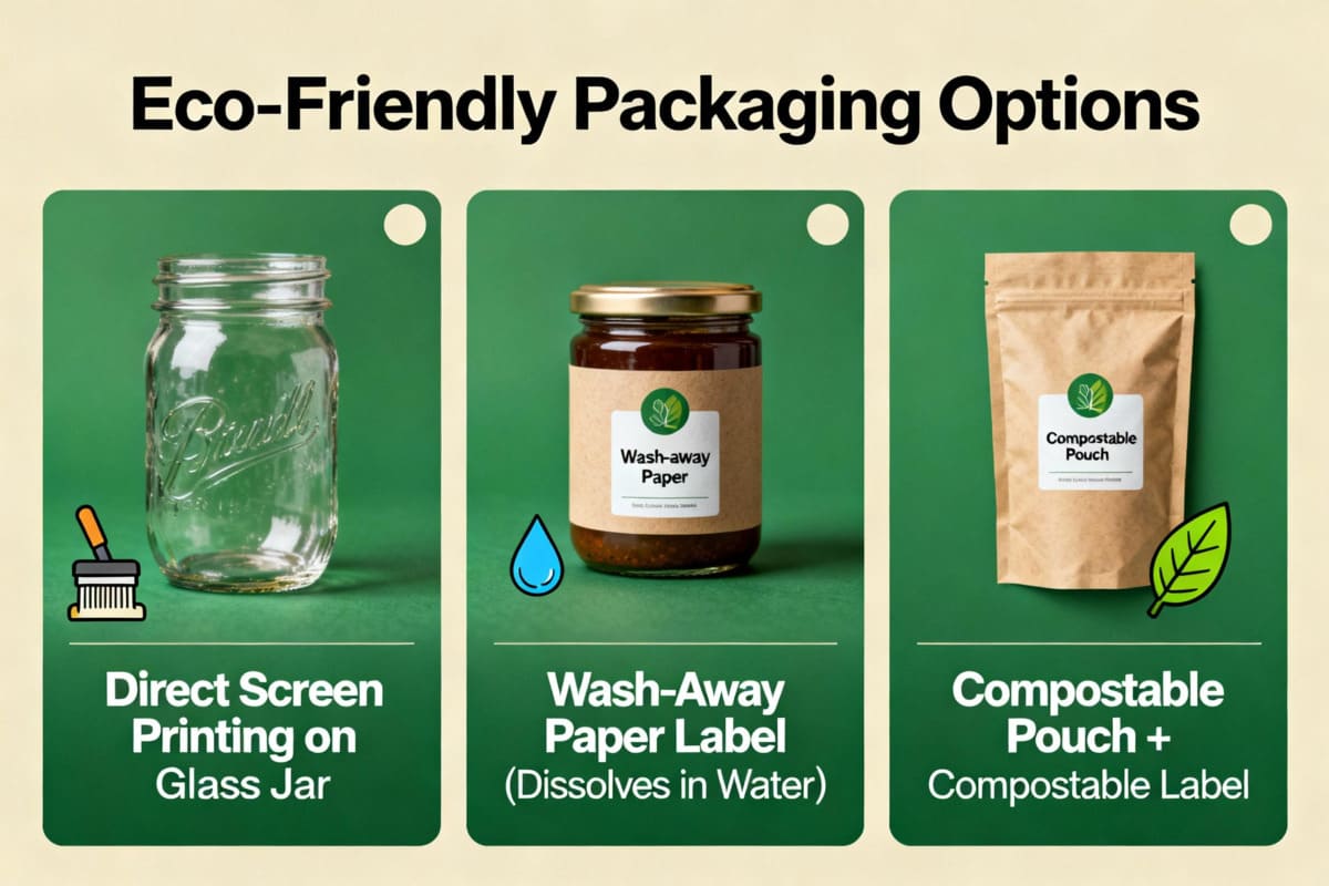 An infographic showing three eco-friendly packaging options: a glass jar with direct [screen printing](https://chromaline.com/top-10-benefits-of-screen-printing/)<sup id=