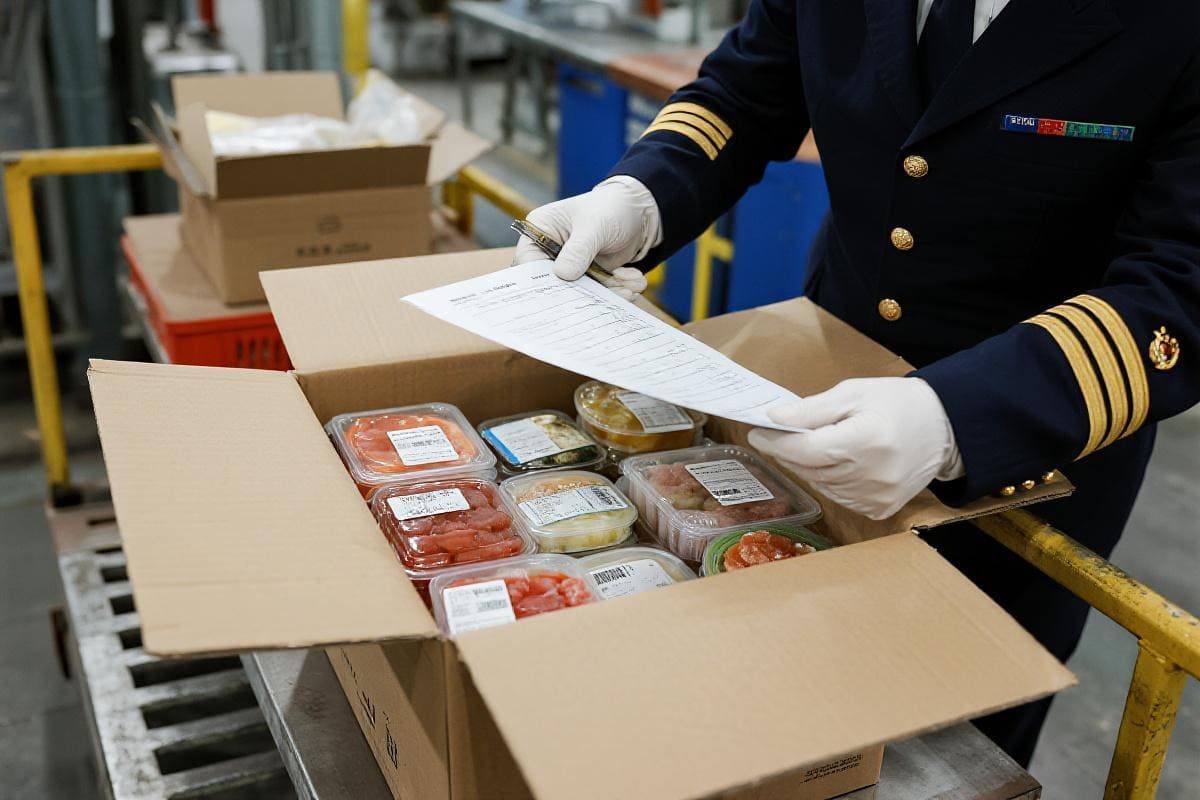A customs officer inspecting a box of imported food products, with a focus on the [plastic packaging](https://pakfactory.com/blog/learn/food-packaging-safety-standards-fda-regulations/?srsltid=AfmBOoqh26Jld6Wq-yTgLoBY2sJxZsJj5qCSkOUf0SpYt3LV75ptblBu)<sup id=