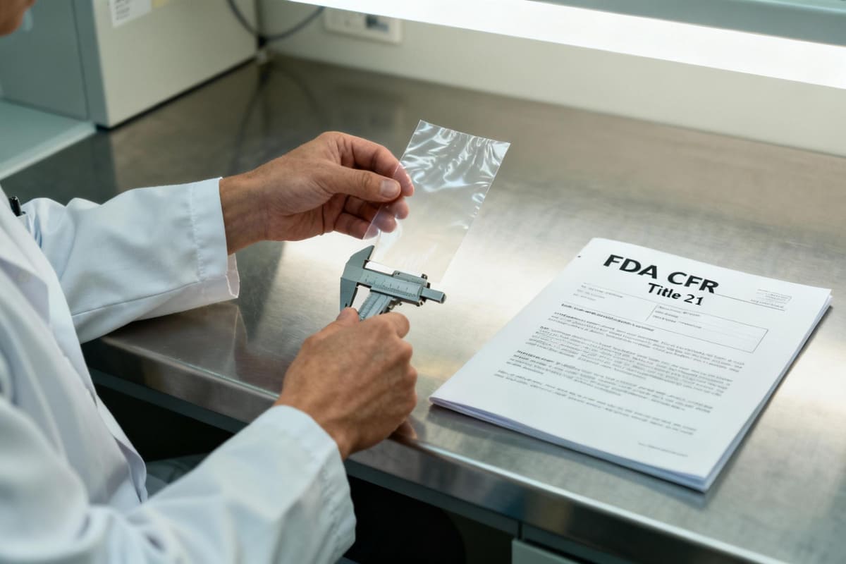 A laboratory technician testing a piece of plastic film next to a document titled 'FDA CFR Title 21'