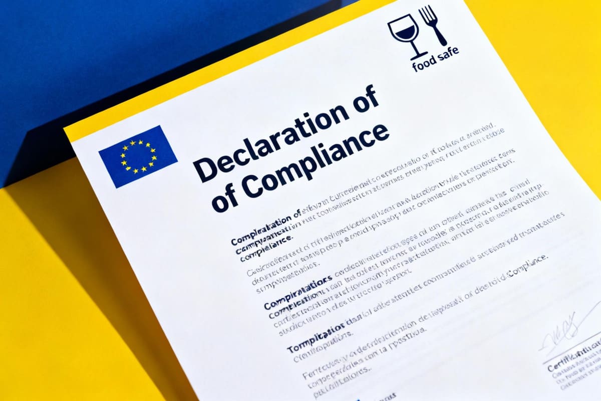 A "Declaration of Compliance" document featuring the EU flag and the official 'food safe' wine glass and fork symbol