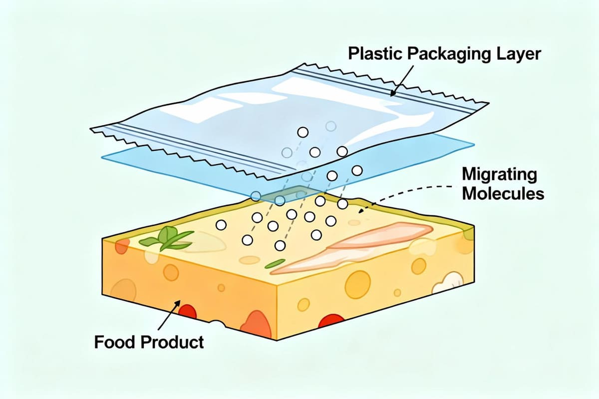 A scientific diagram showing molecules moving from a plastic packaging layer into a food product illustrates the concept of migration