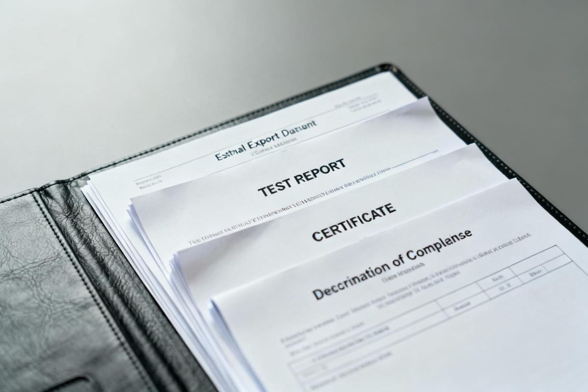 A clear shot of a folder containing essential export documents: a test report, a certificate, and a declaration of compliance