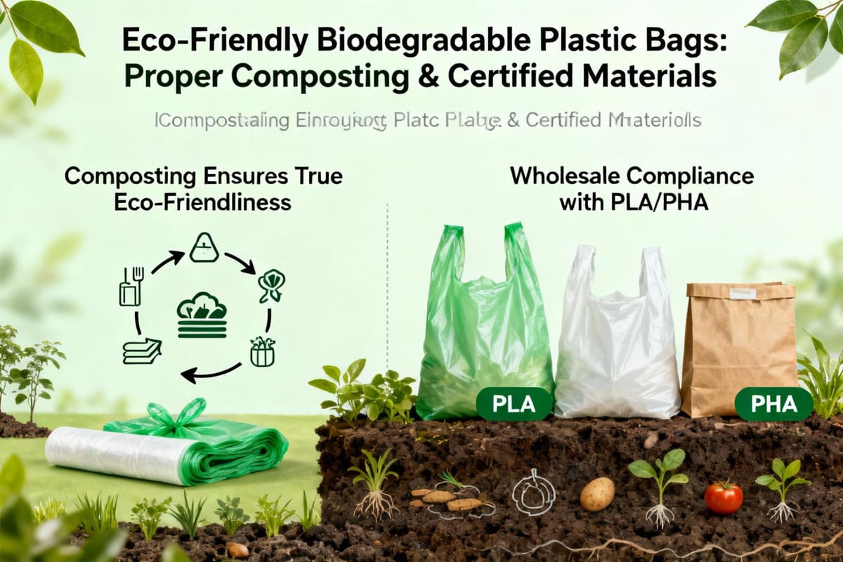 A large pile of biodegradable bags breaking down into compost in an industrial facility, contrasting with a standard plastic bag in a landfill