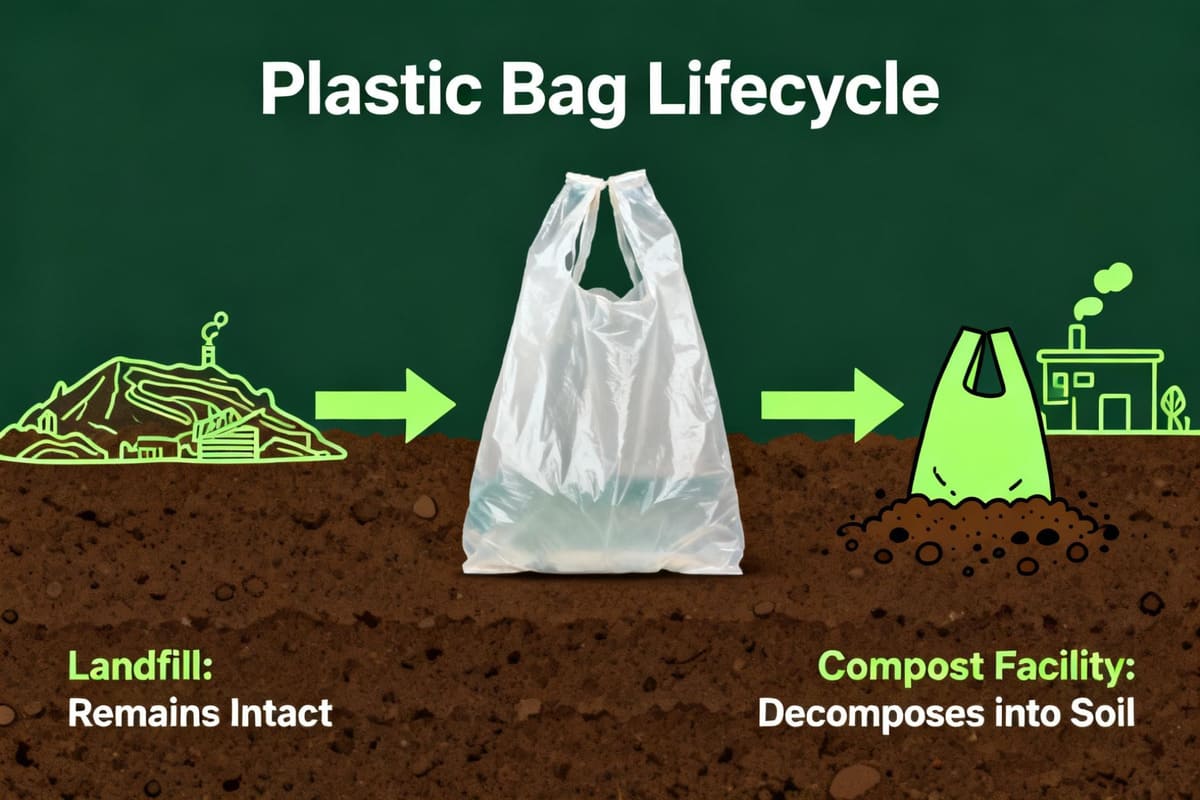 An infographic showing a plastic bag's lifecycle: one arrow leads to a landfill where it stays intact, another leads to a compost facility where it becomes soil