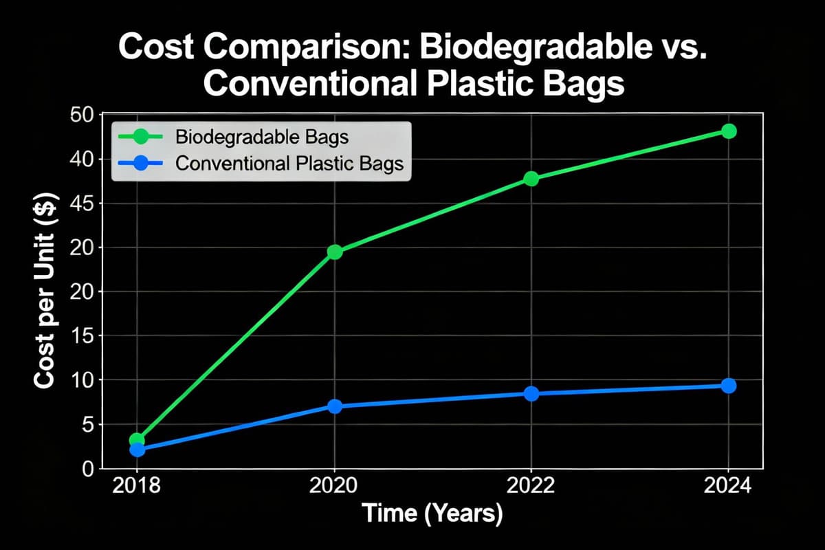 A graph showing the rising cost per unit for biodegradable bags compared to the stable, lower cost of conventional plastic bags